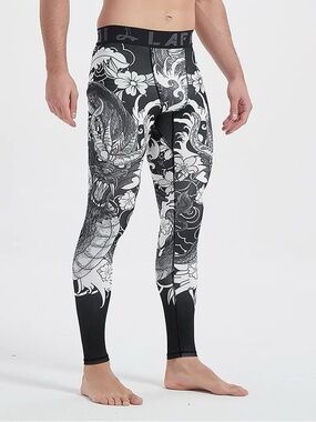 Lafroi Men's Black & White Dragon Print Quick Dry Compression Fit Tight Leggings